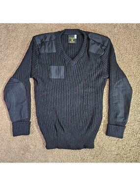 Citadel British Commando Sweater Mens UK 42 Black Wool V Neck Elbow Patch Army